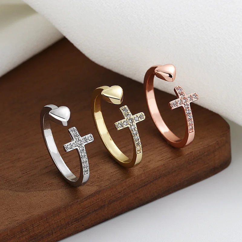 Wholesale Diamond Inlaid Cross Heart Opening Copper Ring