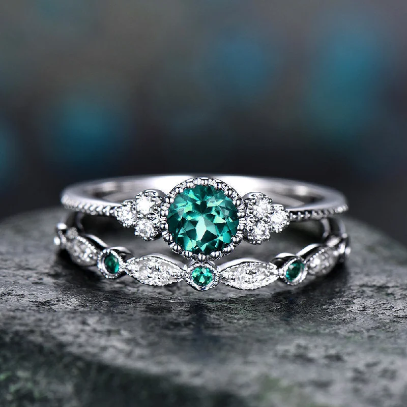 Wholesale Fashion Zircon Two Piece Micropaved Emerald Ring