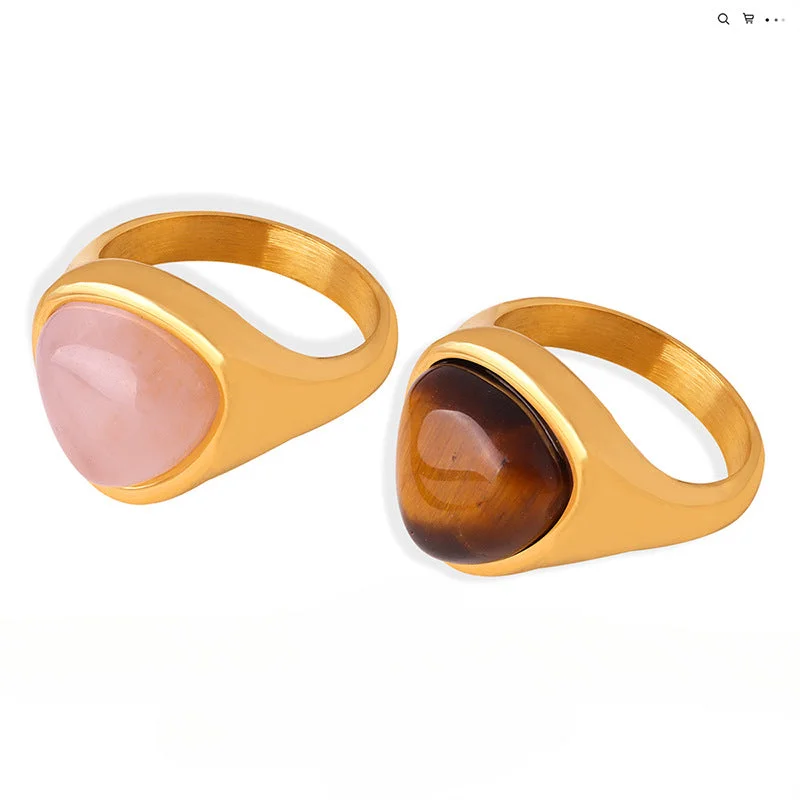 Wholesale Natural Rose Quartz Tiger Eye Stone Retro Couple Rings Titanium Steel Ring