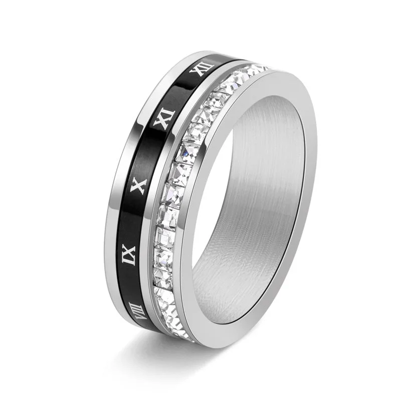 Wholesale Stainless Steel Roman Numeral Rotatable Single Row Square Diamond Ring