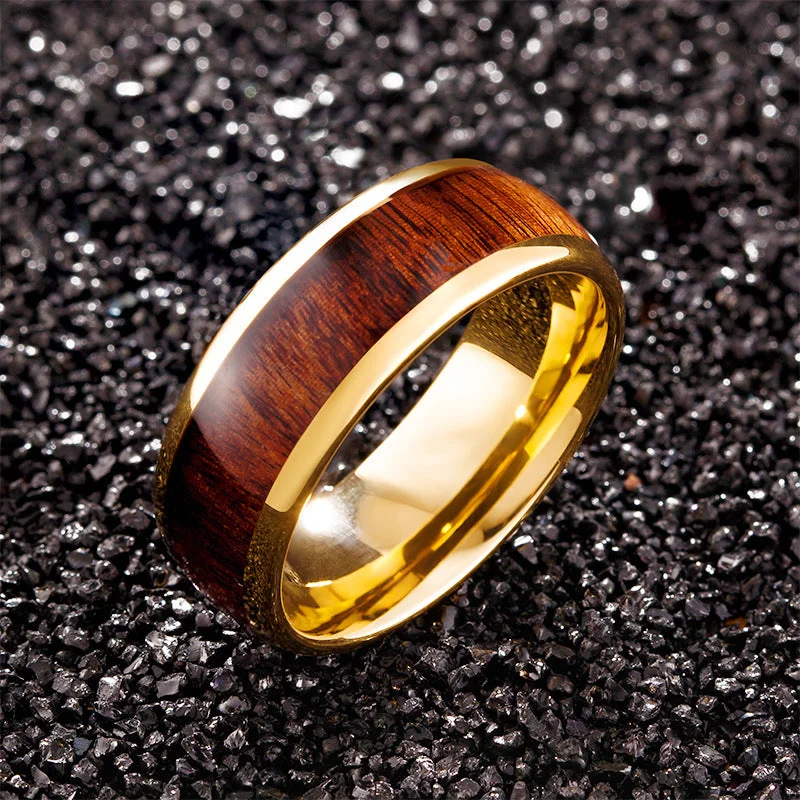 Wholesale Tungsten Steel Golden Wood Grain Black Gold Ring