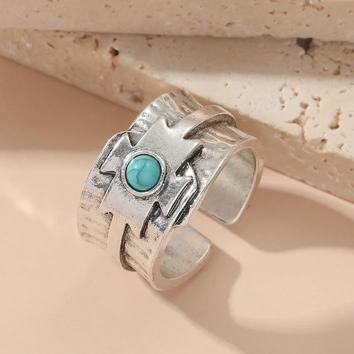 Wholesale Vintage Alloy Inlaid Turquoise Wide-rim Open Ring