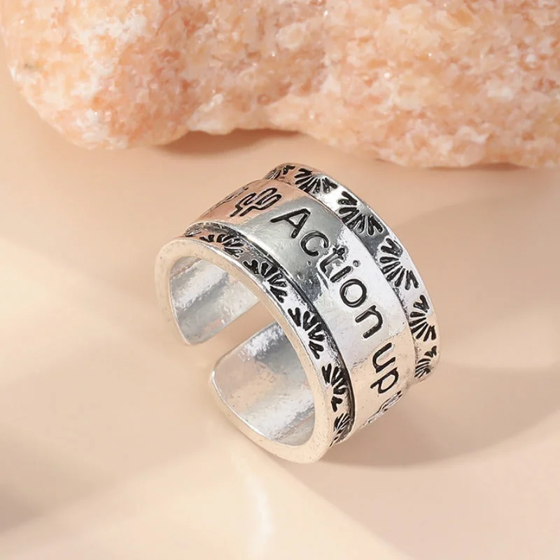 Wholesale Vintage Letter Wide Edge Open Antique Silver Ring