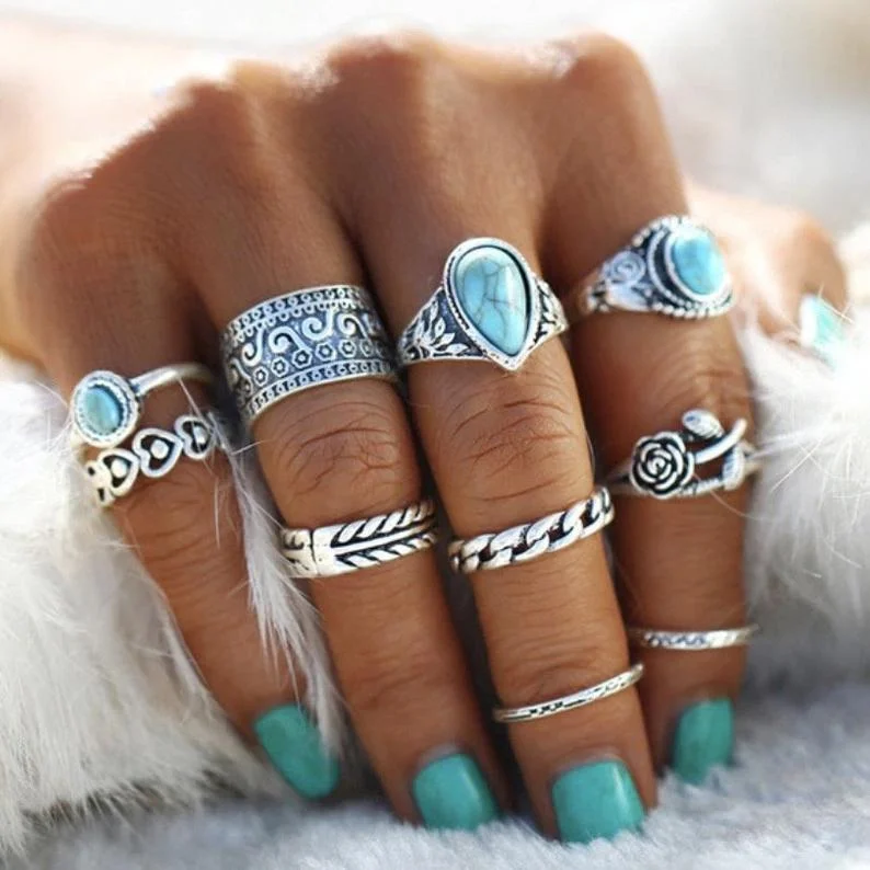 Wholesale Vintage Totem Flower Turquoise 10 Piece Joint Combination Rings