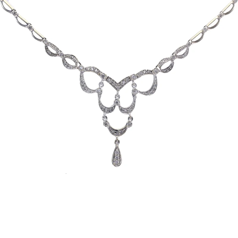 Diamond Drop Pendant Necklace 14k White Gold Vintage Art Deco Style 0.55CTW