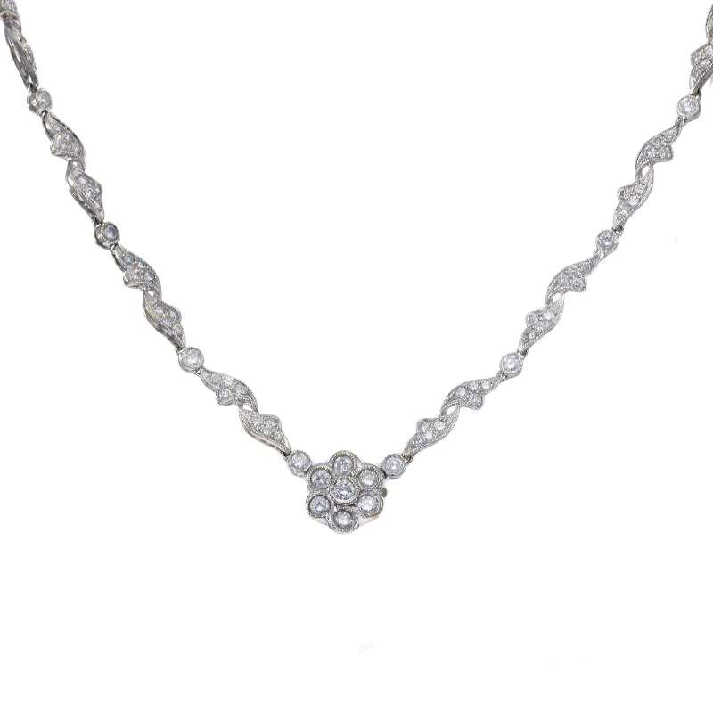 1.05CTW Diamond Flower Pendant Station Necklace 18k White Gold Fancy Ball Chain