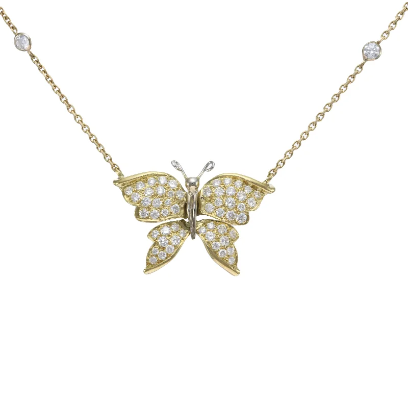 1.86ctw Diamond Station Butterfly Pendant Choker Necklace 14k Yellow Gold