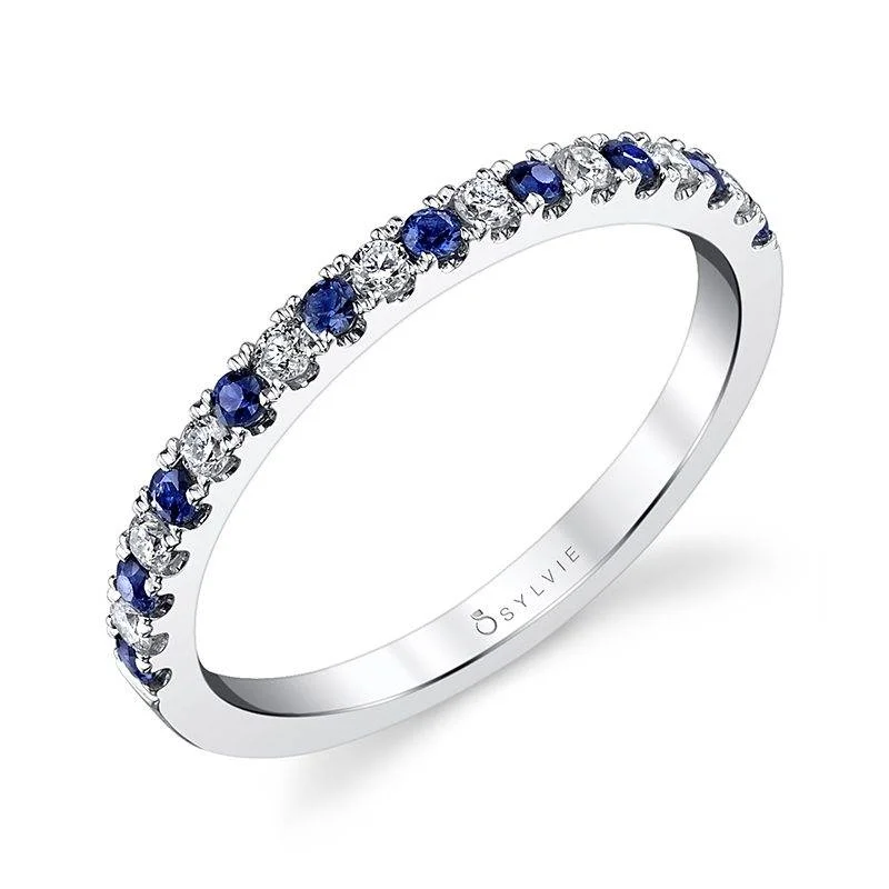 14K White Gold 0.26ctw Blue Sapphire & Diamond Alternating Wedding Band