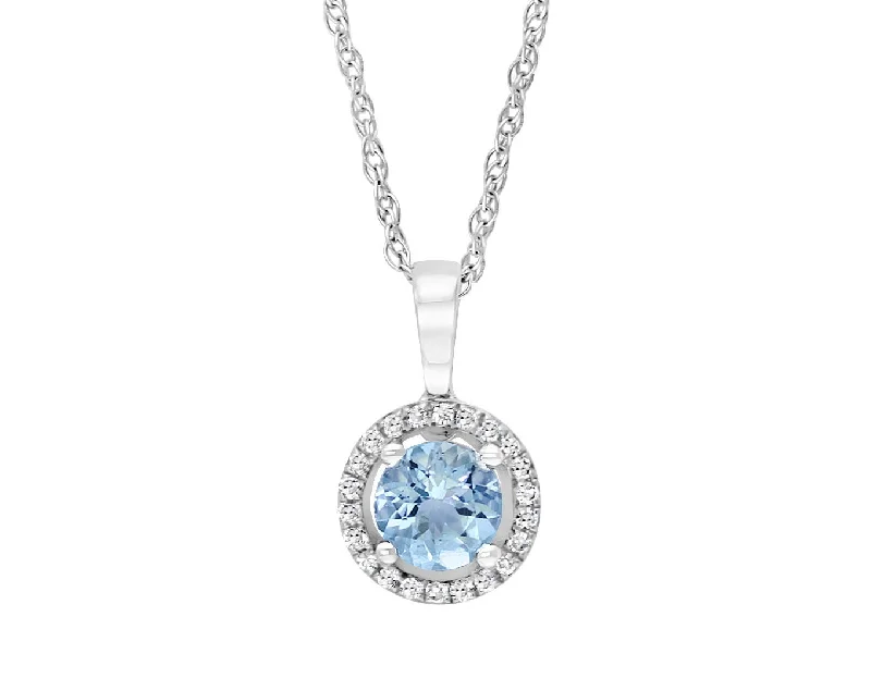 14K White Gold 0.52ctw Round Aquamarine & Diamond Halo Necklace