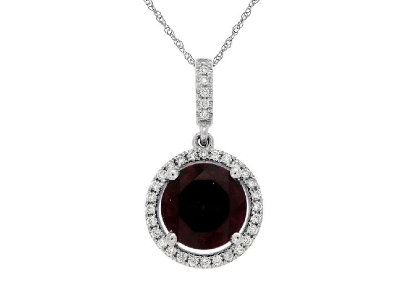 14K White Gold Rhodolite Garnet and Diamond Halo Necklace