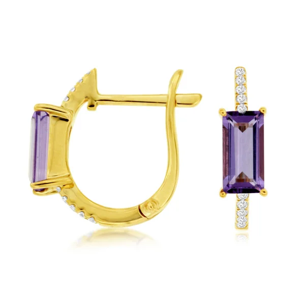 14K Yellow Gold Amethyst and Diamond Hoops