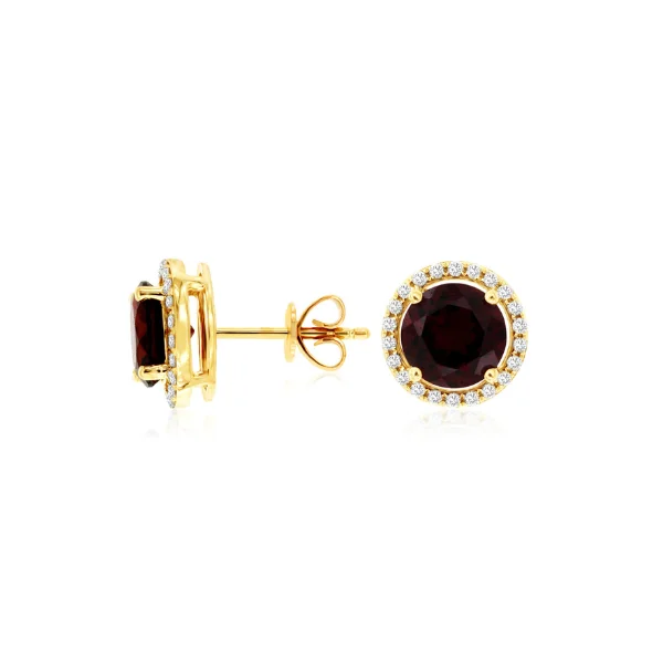 14K Yellow Gold Garnet and Diamond Studs