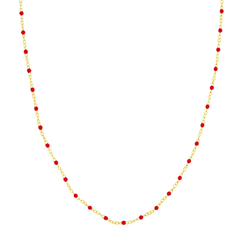 14K Yellow Gold Piatto Chain with Red Enamel Beads