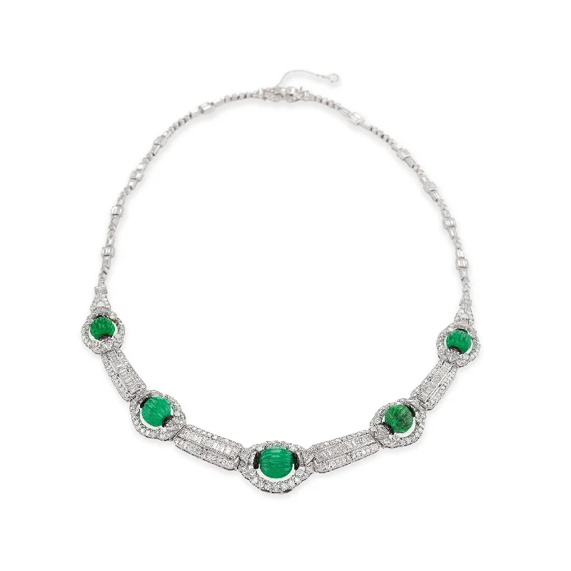 Carved Emerald Bead and Diamond Collar Necklace