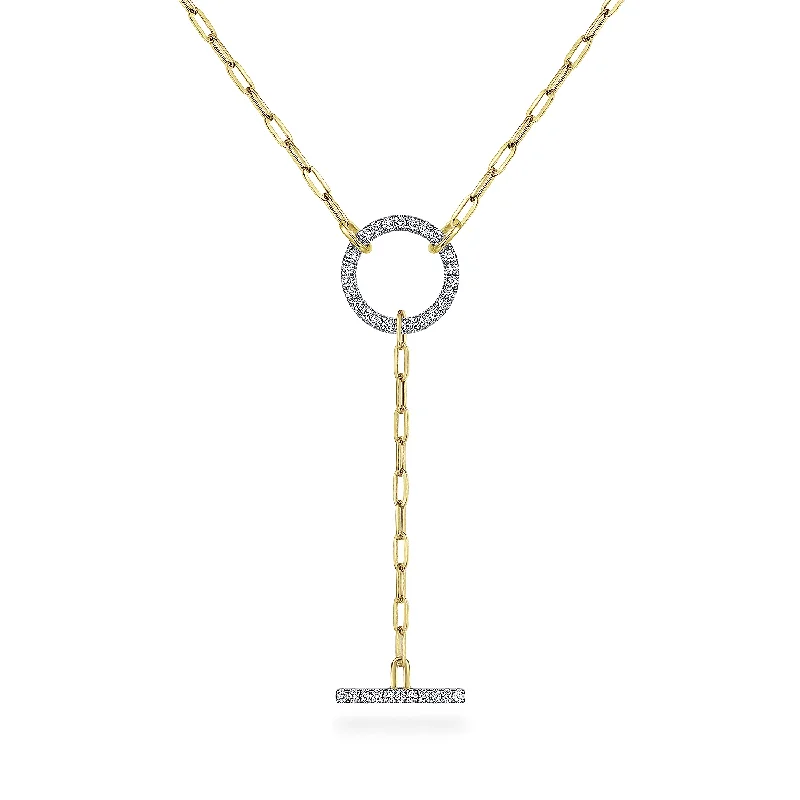 14K Yellow Gold Diamond Circle and Bar Y-Knot Necklace with Hollow Paperclip Chain