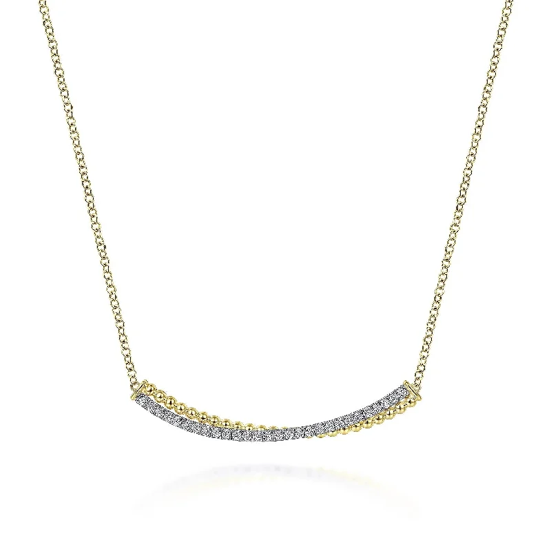 14K Yellow-White Gold Bujukan Bead and Diamond Pave Curved Bar Necklace