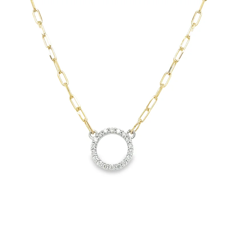 14K Two Tone Paper Clip and Diamond Circle Necklace