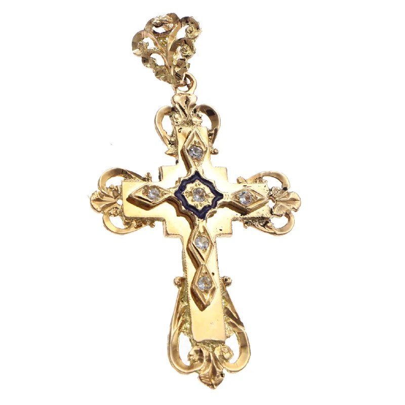 Large Layer Budded Latin Syriac Cross Crucifix Necklace Pendant 14k Gold Diamond