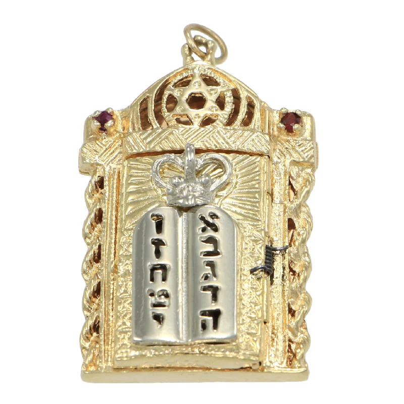 Large Torah Ark Scroll Locket Ruby Necklace Pendant 14k YellowGold Aron HaKodesh