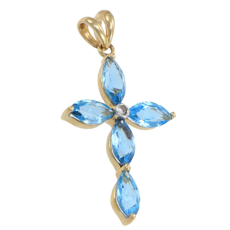 Marquise Aquamarine Diamond Cross Necklace Pendant Solid 14k Yellow Gold 2.50ctw