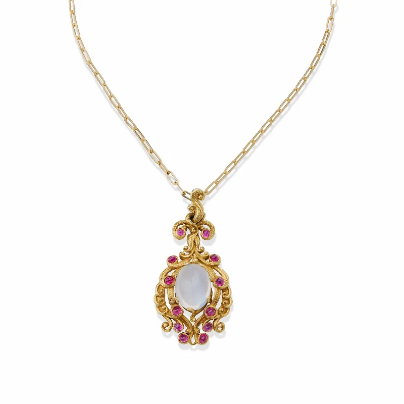 Moonstone and Ruby Gold Pendant Necklace