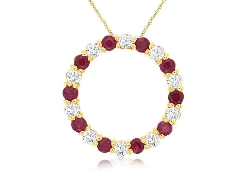 14K Yellow Gold Ruby and Diamond Circle Necklace