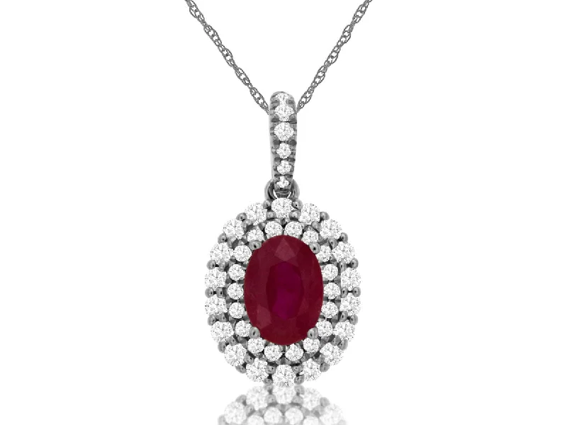 14K White Gold Ruby and Diamond Halo Necklace