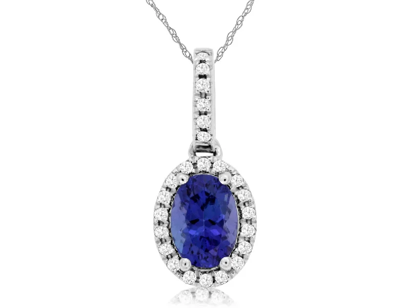 14K White Gold Oval Tanzanite and Diamond Halo Necklace