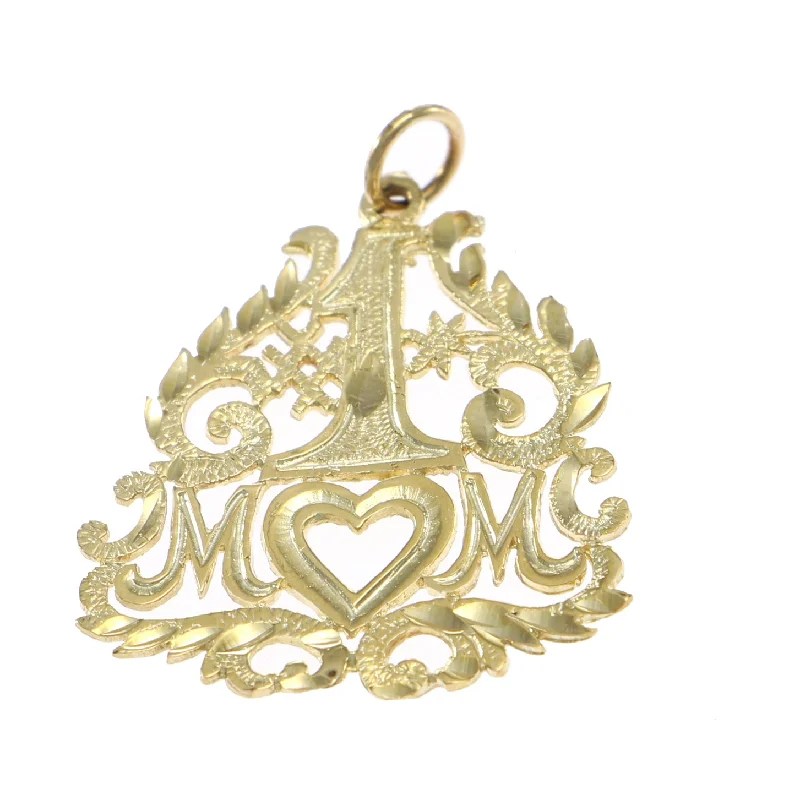 Number One 1 Mom Open Heart Love Necklace Pendant Charm 14k Yellow Gold 2.1g