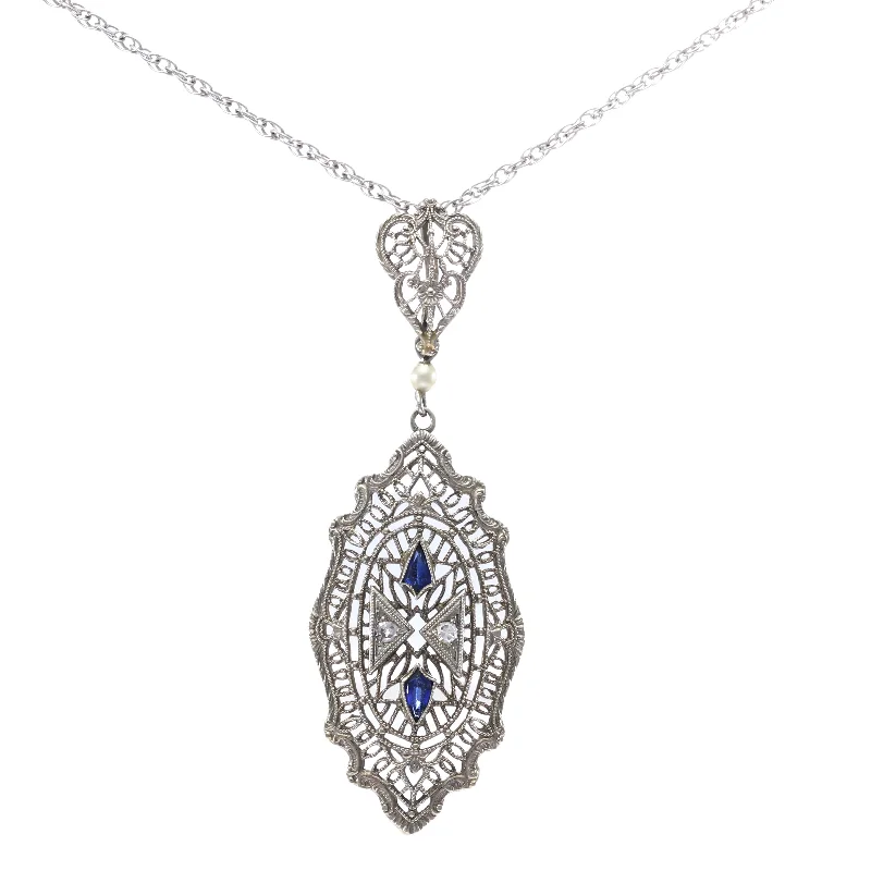 Pearl Sapphire Diamond Pendant Necklace 14k White Gold Filigree Antique Art Deco