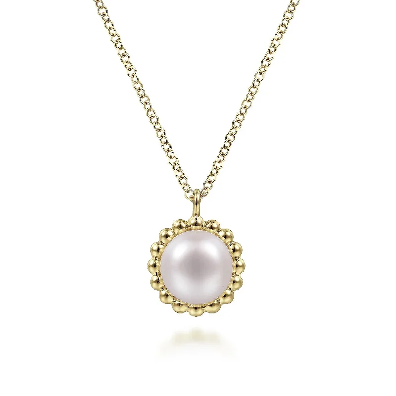 14K Yellow Gold Round Pearl Pendant Necklace with Bujukan Beaded Frame