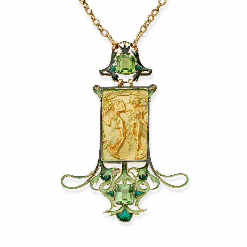 René Lalique 18K Gold Peridot and Enamel Dancing Figures Pendant Necklace