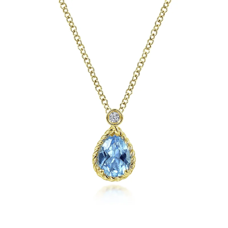 14K Yellow Gold Pear Shape Blue Topaz Pendant Necklace with Bezel Set Diamond