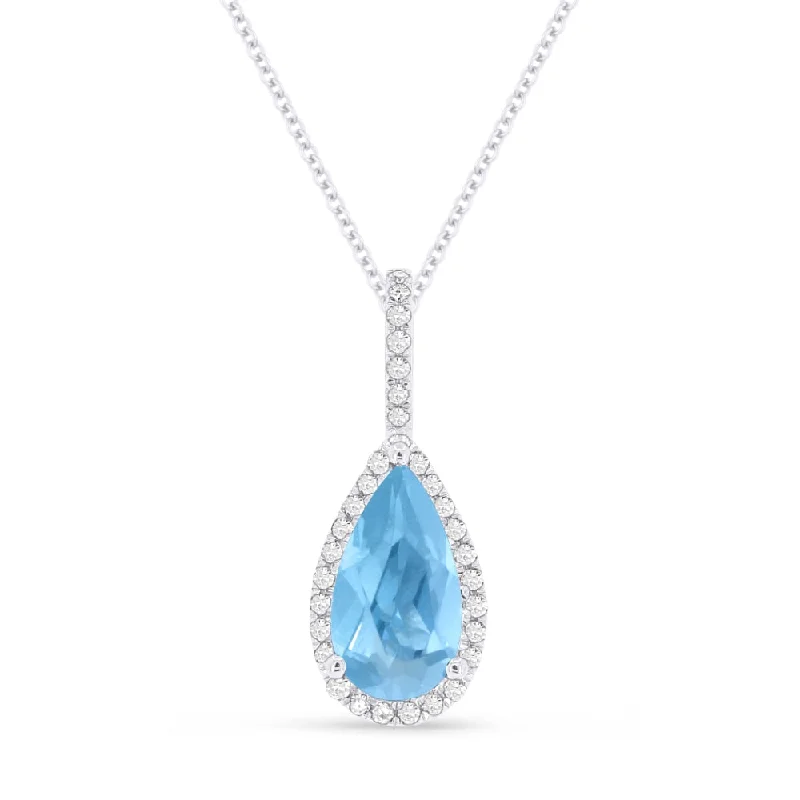 14K White Gold Blue Topaz and Diamond Teardrop Necklace