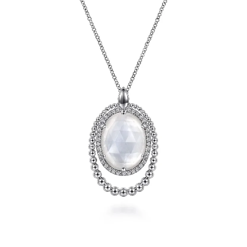 Sterling Silver White Sapphire and Rock Crystal and White Mother of Pearl Pendant Necklace