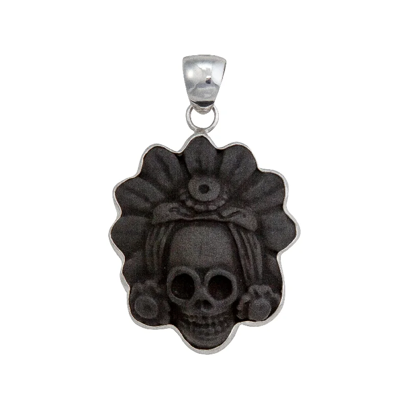 Sterling Silver Obsidian Skull with Headdress Pendant