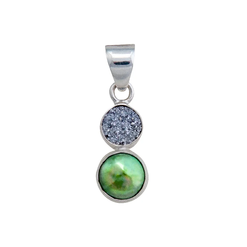 Sterling Silver Platinum Druzy & Green Pearl Pendant