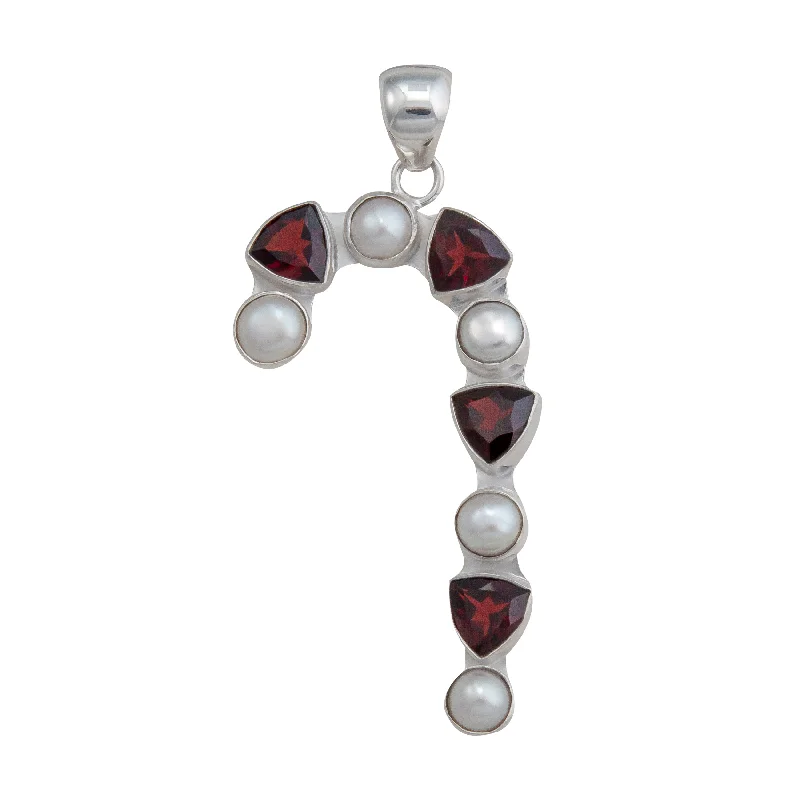 Sterling Silver Garnet and Pearl Candy Cane Pendant with Chain Included