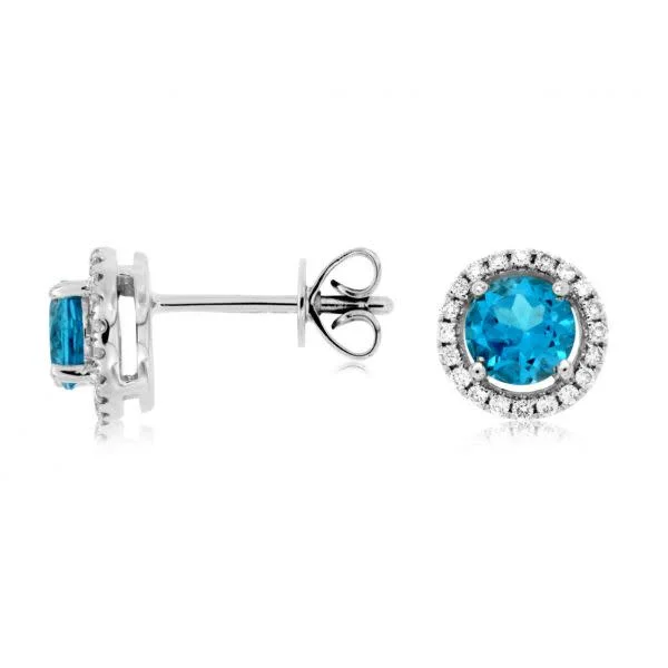 14K White Gold Blue Topaz and Diamond Studs